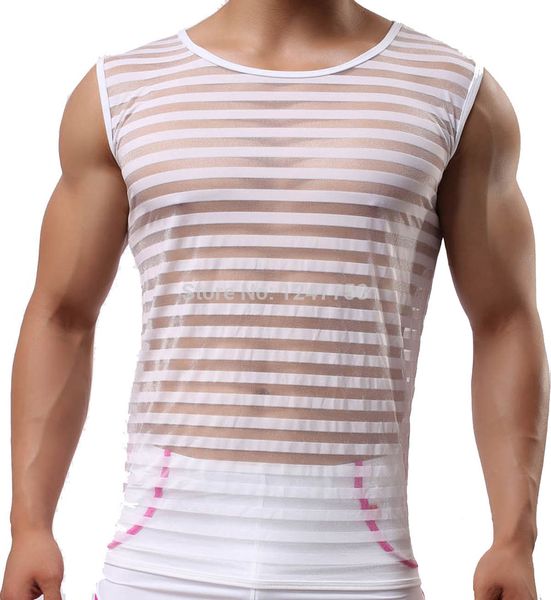Tops Großhandel Männer Sexy Männliche Sex Unterwäsche Streifen Durchsichtig Homosexuell Kleidung Mesh Shirts Mann Kleidung Unterhemden Weste Tank Tops