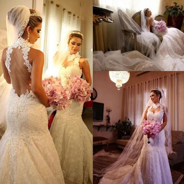 

wedding dresses stunning high neck sleeveless beaded lace appliques sheer back mermaid wedding dress arabic bridal gowns court train, White