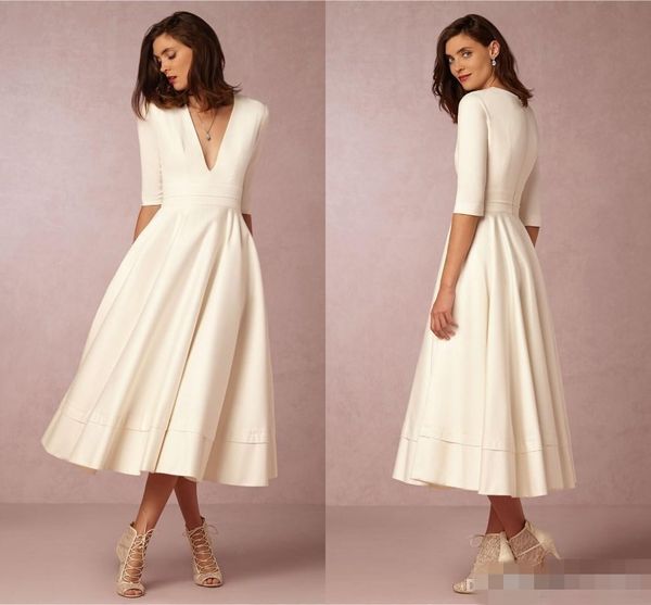 

Elegant 2016 BHLDN White Ivory Satin Short Bridesmaid Dresses V Neck Half Long Sleeves Plus Size Maid Of Honor Gowms For Beach Wedding