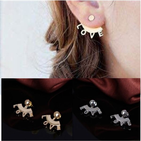 

chic lady ear jackets love gold /silver tone back hanging ear wraps gothic style jewelry stud earrings, Golden;silver