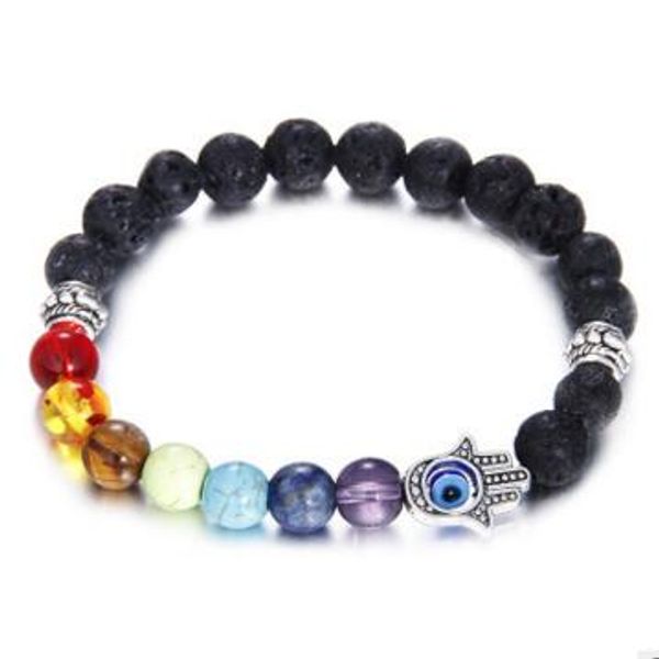 

8mm lava energy chakra bracelets colorful beads bracelets hand of hamsa fatima bracelets moq 25 pcs, Black
