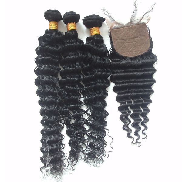 

human hair bundles with silk base closure deep wave 8a grade unprocessed malaysian virgin hair weaves with silk lace closure 4*4 inch, Black