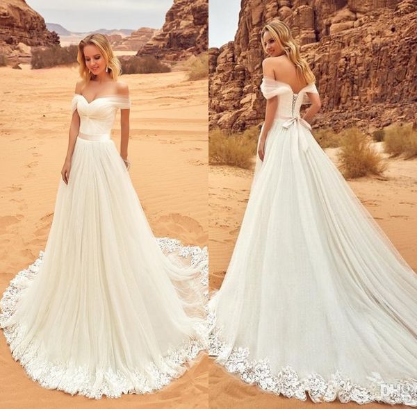 

2018 Desert Lace Tulle Wedding Dresses Vestidos De Noiva Off the Shoulder Country Wedding Gowns Cheap Beach Bride Dress