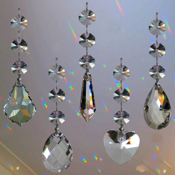 

5pcs Crystal Chandelier Lamp Prisms Part Hanging Glass Teardrop Pendants with Octagon Beads Silver Jump Rings Connector