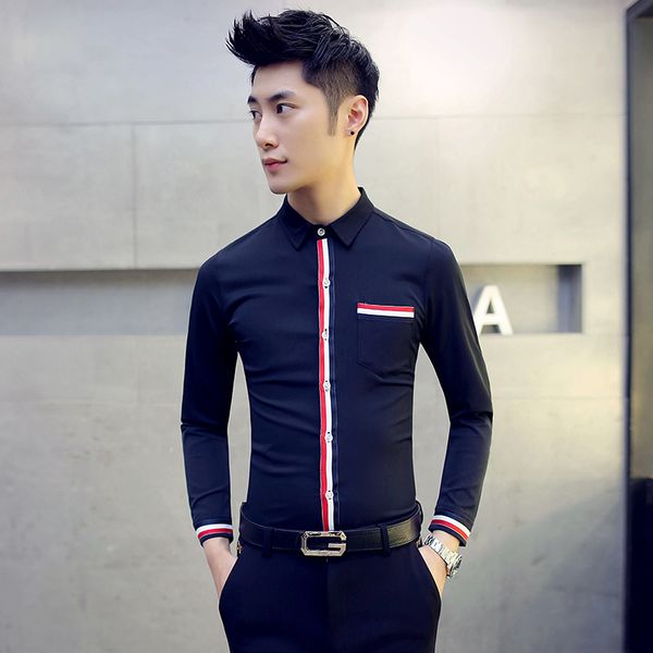 

wholesale- 2017 spring autumn new men shirt elastic button long sleeve casual business dress shirts men plus size 3xl 4xl 5xl, White;black
