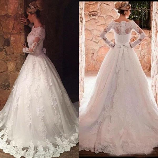 

elegant off shoulders appliqued long sleeves bridal gown with bow sash chic new lace a line wedding dresses, White