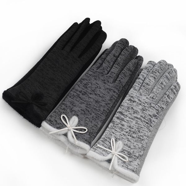 

new brand women' winter cotton wool gloves elegant warm white plush bow glove mittens cashmere mitaine guantes, Blue;gray