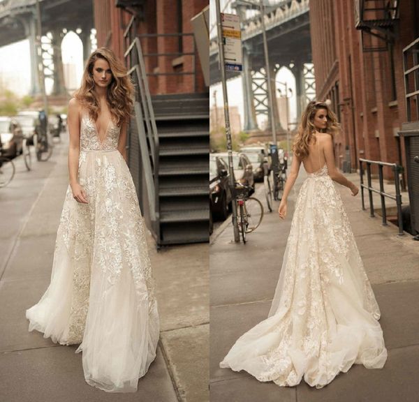 

2018 berta deep v neck see-through backless wedding dresses lace appliqued soft tulle floor length beach garden bridal gowns, White