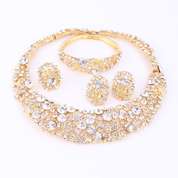 

women gold plated boho crystal jewelry set with necklace earrings bracelet ring direct selling statement for party wedding jewellry sets, Black