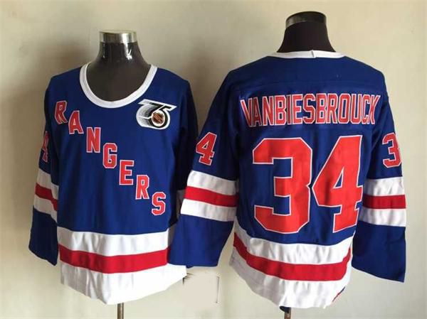 

1991-92 75th anniversary vintage john vanbiesbrouck new york rangers hockey jerseys mens 34 john vanbiesbrouck stitched hockey shirts m-xxxl, Black;red