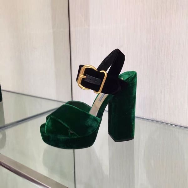 

2016 new genuine leather velvet women high heel sandals buckle strap platform women thick heel pumps shoes women, Black