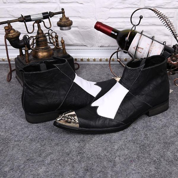 

hight leather shoes men man's boots black and white leather point toe leisure dress boots man short ankle boots man desinger boot