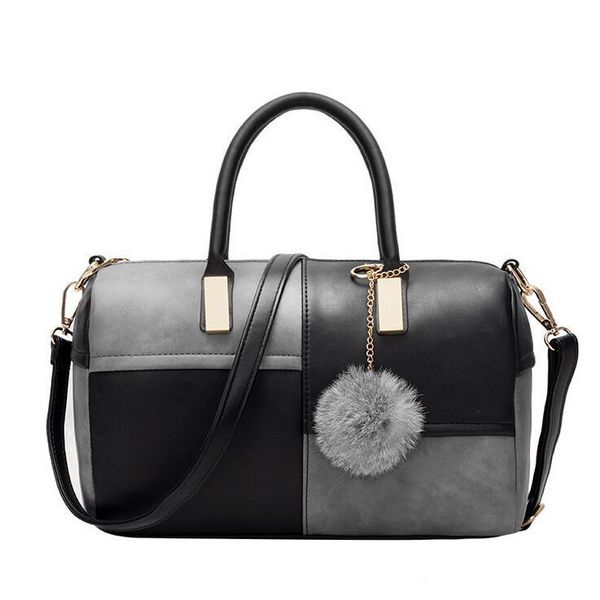 

vintage boston large leather handbags wholesale women bag patchwork pu leather women's handbags tote shoulder bag with pom poms z&m0604