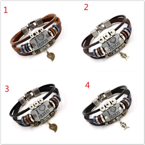 

I LOVE JESUS Charm Bracelets Vintage Fish Leaf Pendant Christian Multilayer leather bracelets for men women bangle