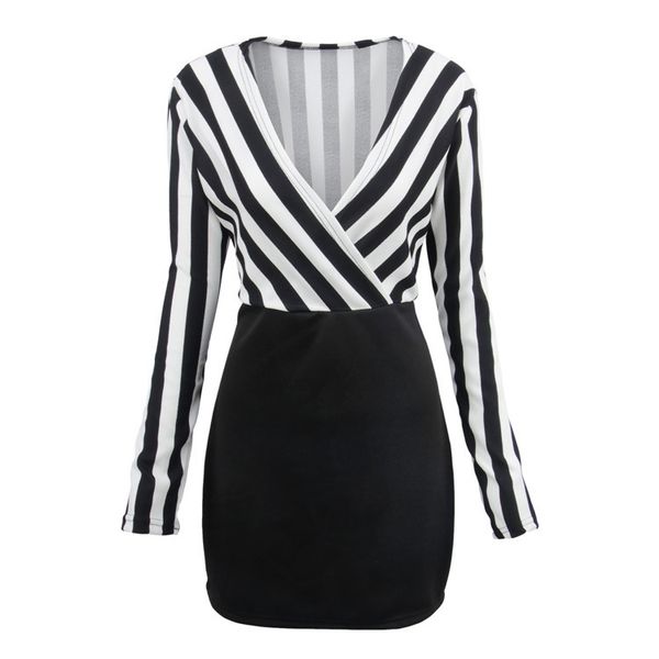 

ladies autumn dress deep v collar vertical stripe mosaic long sleeve dress, Black;gray