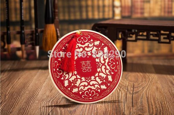 

оптовая торговля-бесплатная доставка 5035 круглая форма лазерная резка китайский красный свадебный пригласительный билет 100 шт