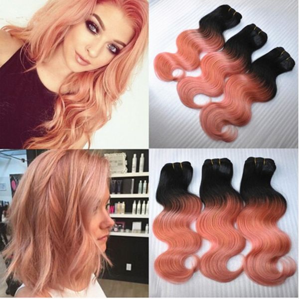 3 Bundles Rose Gold Ombre Hair Extensions Two Tone Color 1b Pink