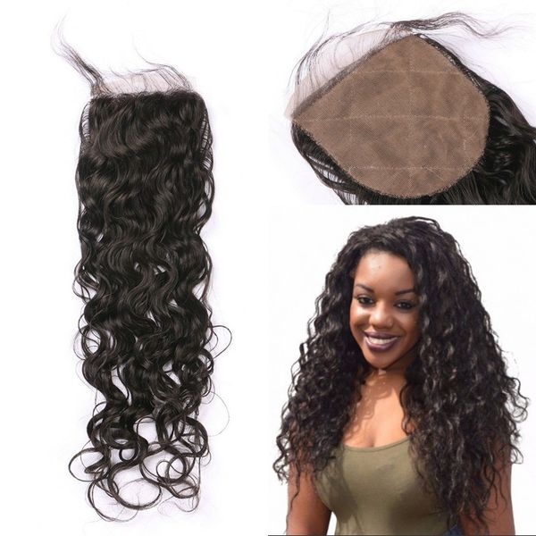 Water Wave Non Remy Human Hair Silk Base Closure With Baby Hair