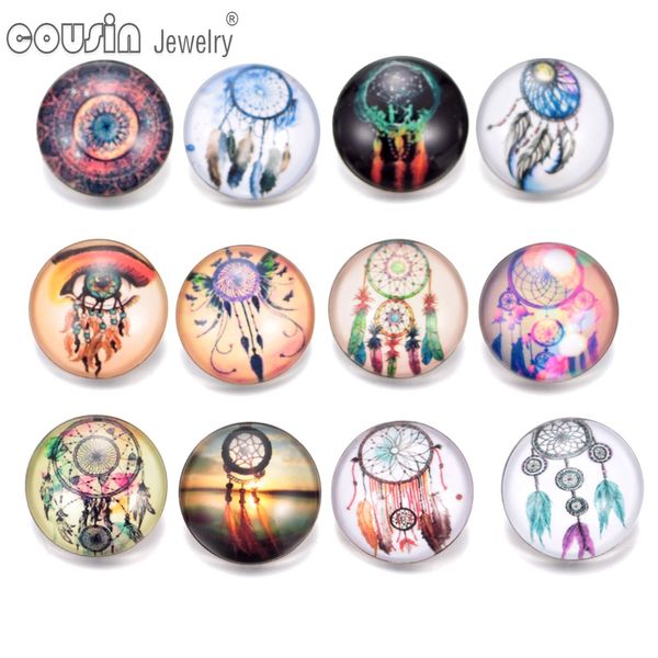 

wholesale-12pcs/lot mixed styles dream catcher 18mm glass snap button for diy snap button charms bracelets & bangles jewelry, Golden;silver