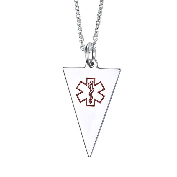 

women necklaces 316l stainless steel geometric triangle medical alert id emergency pendant kolye with engraving, Silver