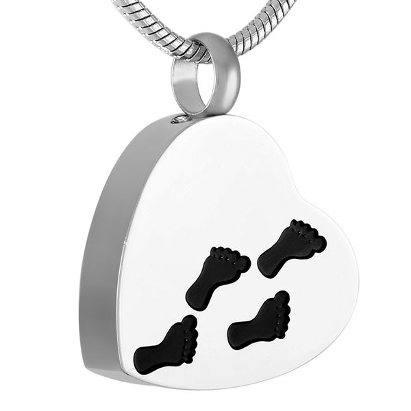 

ijd9427 footprint engraved heart stainless steel cremation pendant necklace memory funeral ashes keepsake urn necklace, Silver