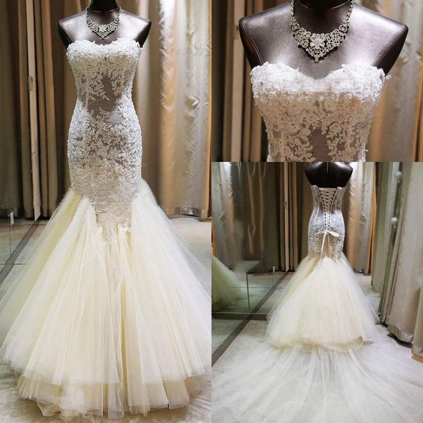 

2019 сексуальная русалка свадебное платье милая шеи кружева аппликации из бисера слоистых юбка спинки великолепный труба свадебные платья, White