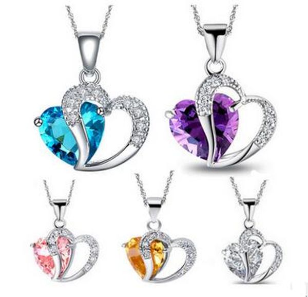

women crystal love heart pendants necklaces jewelry fashion girls lady heart crystal amethyst pendant necklace new jewelry 15pcs i, Silver