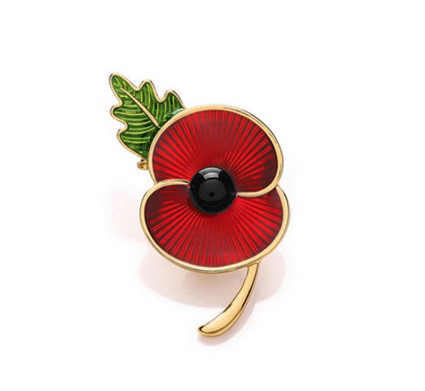 

wholesale- 2" red enamel gold tone rbl poppy brooch flower pin with leaf souvenir for remembrance day gift, Gray