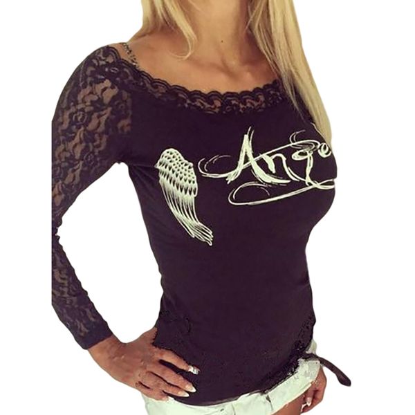 

women's back hollow angel wings t-shirt summer style woman lace long sleeve, White