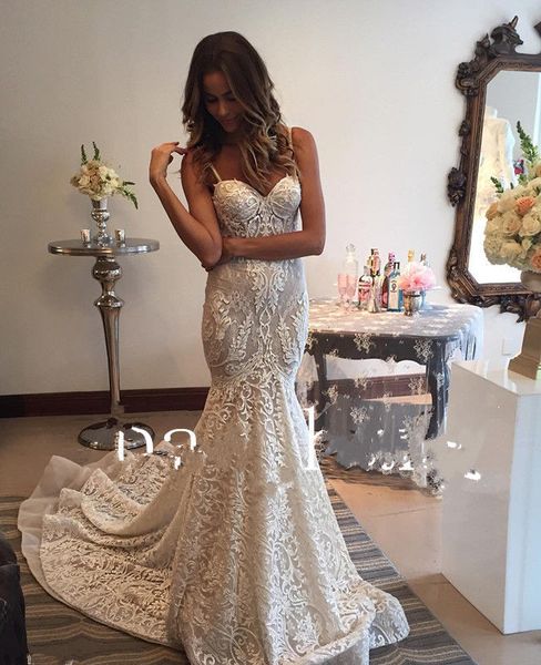 

berta lace mermaid backless wedding dresses 2017 appliqued spaghetti neckline counrt train bridal gowns plus size wedding dress, White