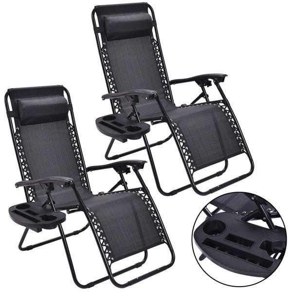 

2pc zero gravity chairs lounge patio folding recliner outdoor black w/cup holder