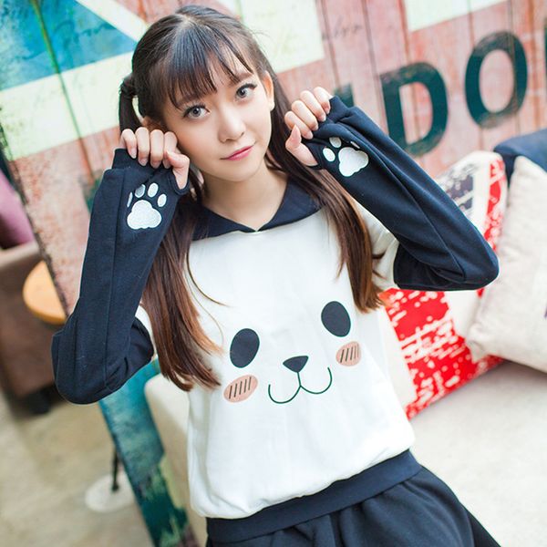 

wholesale- sailor collar anime pullover women kawaii cute hoodies harajuku panda face claw sweatshirt japan girls fashion autumn clothes, Black
