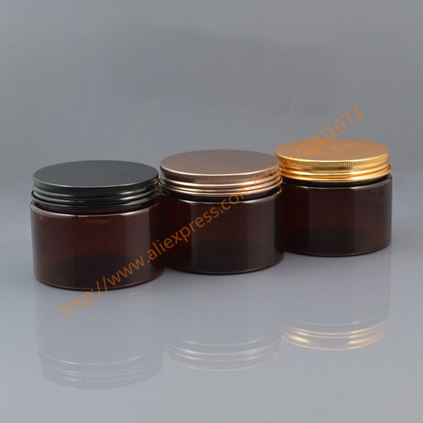 Confezione cosmetica Flacone in plastica marrone/ambra da 150 g Vasetto per crema in PET Vasetto per alimenti da 150 ml con tappo in alluminio nero/oro/bronzo