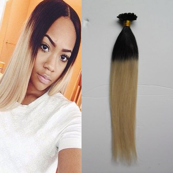 Loira em linha reta queratina brasileira fusão humana cabelo prego u ponta 1b / 613 dois tons ombre cabelo humano 100g 1g / strand keratin tendão extensões de cabelo