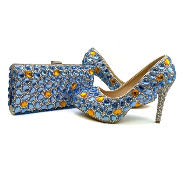 

Blue Wedding Party Shoes Rhinestone Bridal Shoes with Clutch Anniversary Ceremony Shoes Cinderella Prom Pumps with Matching Bag