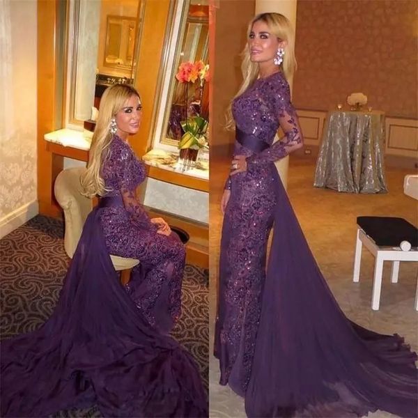 

purple lace muslim evening dress long sleeve evening gown with detachable train sheer formal occasion wear shiny beaded prom dress, Black;red