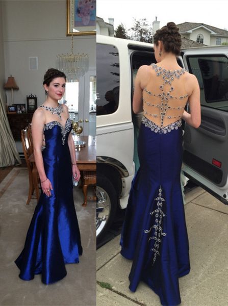 

2018 evening dresses o neck cap sleeve evening gowns mermaid rhinestones crystals long dress with hollow back, Black;red