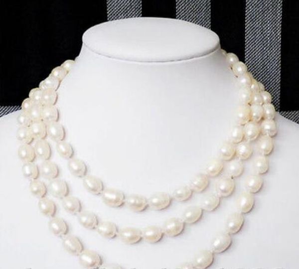 

9-10 mm white baroque freshwater cultured rice pearl necklace 50", Silver