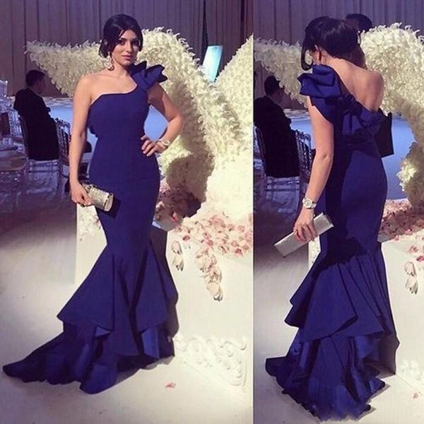 

one shoulder navy blue jersey mermaid evening dresses ruffles elegant long evening gowns evening party dress vestido de festa, Black;red