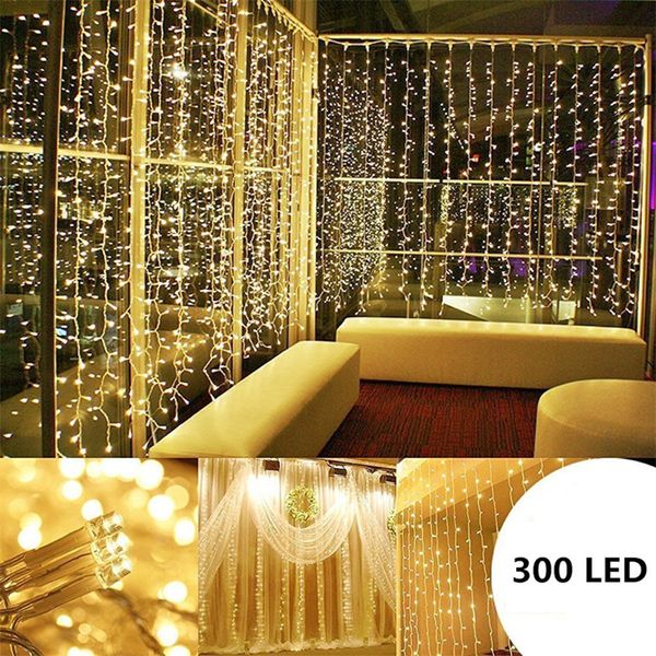3 m x 3 m 300 luci a LED, matrimonio, Natale, festa di compleanno, casa all'aperto, bianco caldo, ghirlande decorative per tende da fata