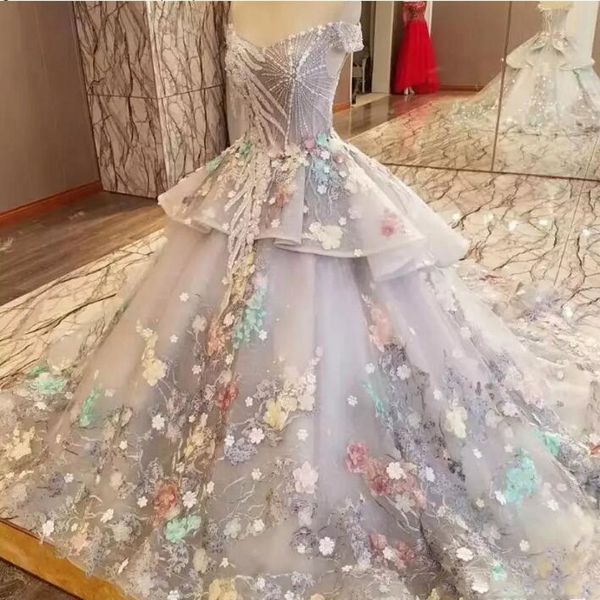 Fairy Colorido fora do ombro Vestidos de noiva 2018 Primavera Organza Organza Caminhada Bidal Vestidos Lace Appliques Dubai Wedding Vestidos