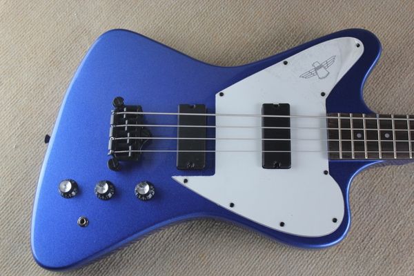 Fire Thunder Ters Dışı 4 Dizeler Metalik Mavi Basar Gitar Beyaz Pickguard Boyun Gövde Siyah Donanım