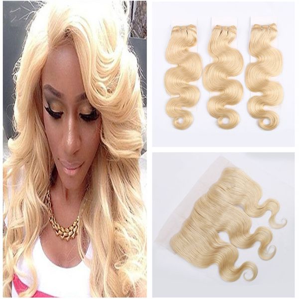 

Blonde hair with lace frontal oft and thick hair body wave with clo ure 13x4 pre plucked lace frontal with brazilian virgin hair bundle