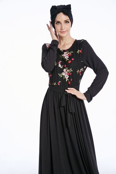 

new arrival plus size muslim women high waist embroidery abaya dress long sleeved kaftan dress s-2xl, White;black