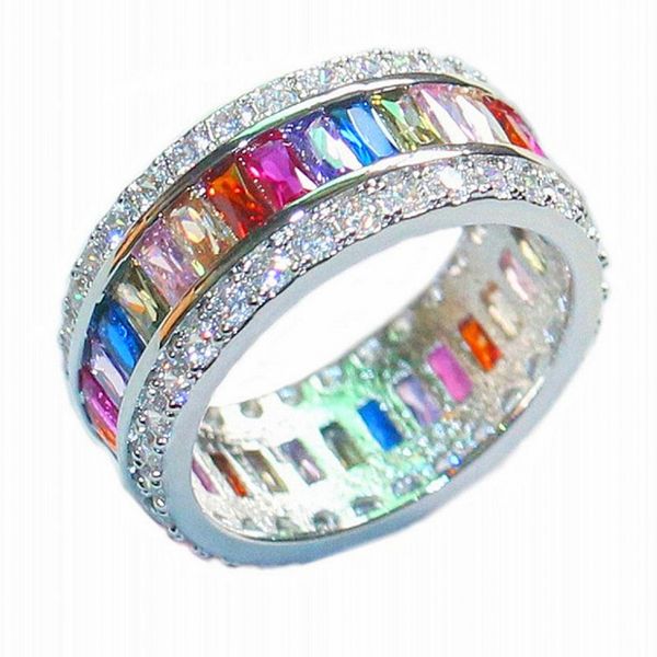 

luxury 925 sterling silver rings colorful square pave setting full cz simulated diamond gemstone rings wedding bride bands jewelry for women, Slivery;golden