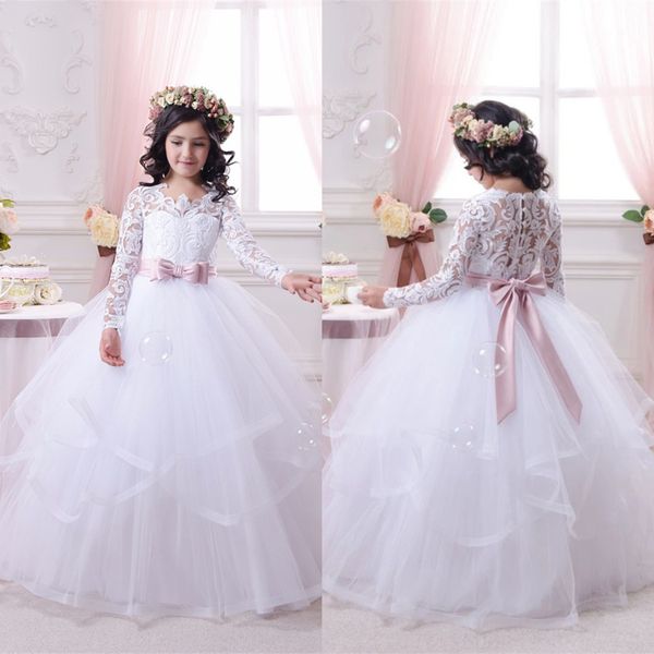

long sleeves flower girl dress holy communion dress with ribbon sash, White;blue