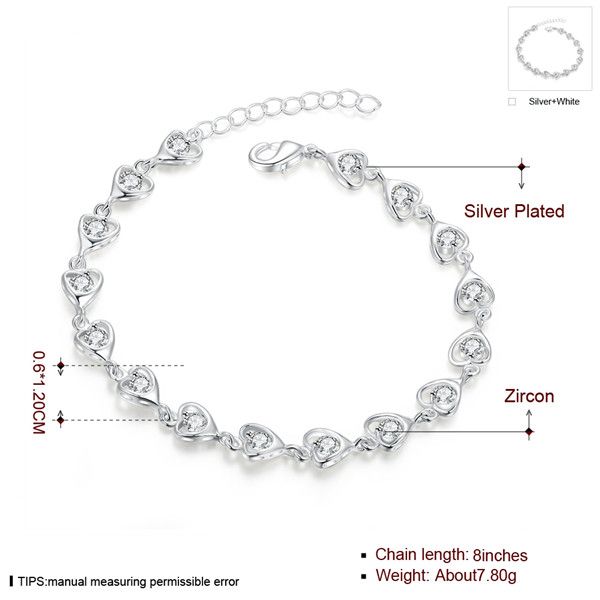 

sale heart-shaped diamond plate 925 silver charm bracelet 8inchs emb370,women's sterling silver plated jewelry bracelet, Golden;silver