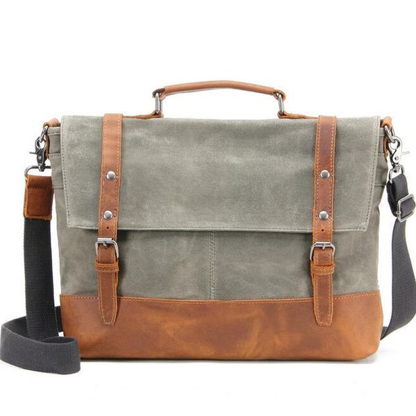 

factory sales new waxed waterproof canvas shoulder bag retro, recreational and mad horsehide mans laptop bag business leather briefcase, Gray