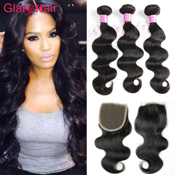 

selling glary hair products brazilian hair extensions remy human hair wefts with closure lace closure 4x4 wholesale just for you, Black;brown