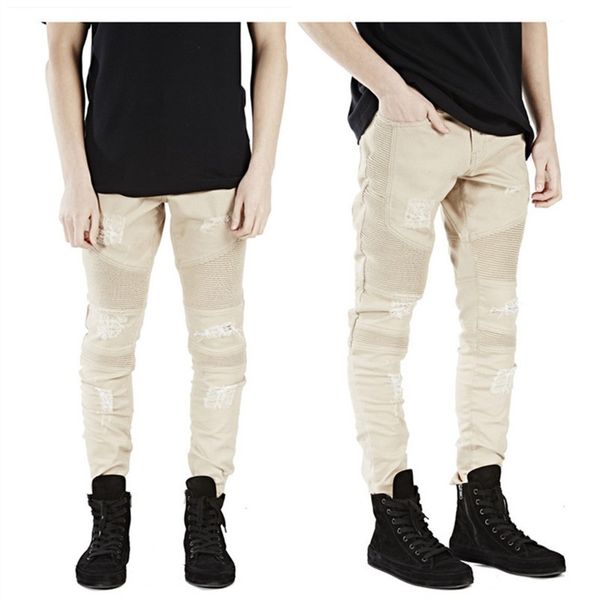 

new arrival khaki men's ripped destroyed rider biker skinny jeans motorcycle slim fit washed moto hole denim pants joggers in, Blue